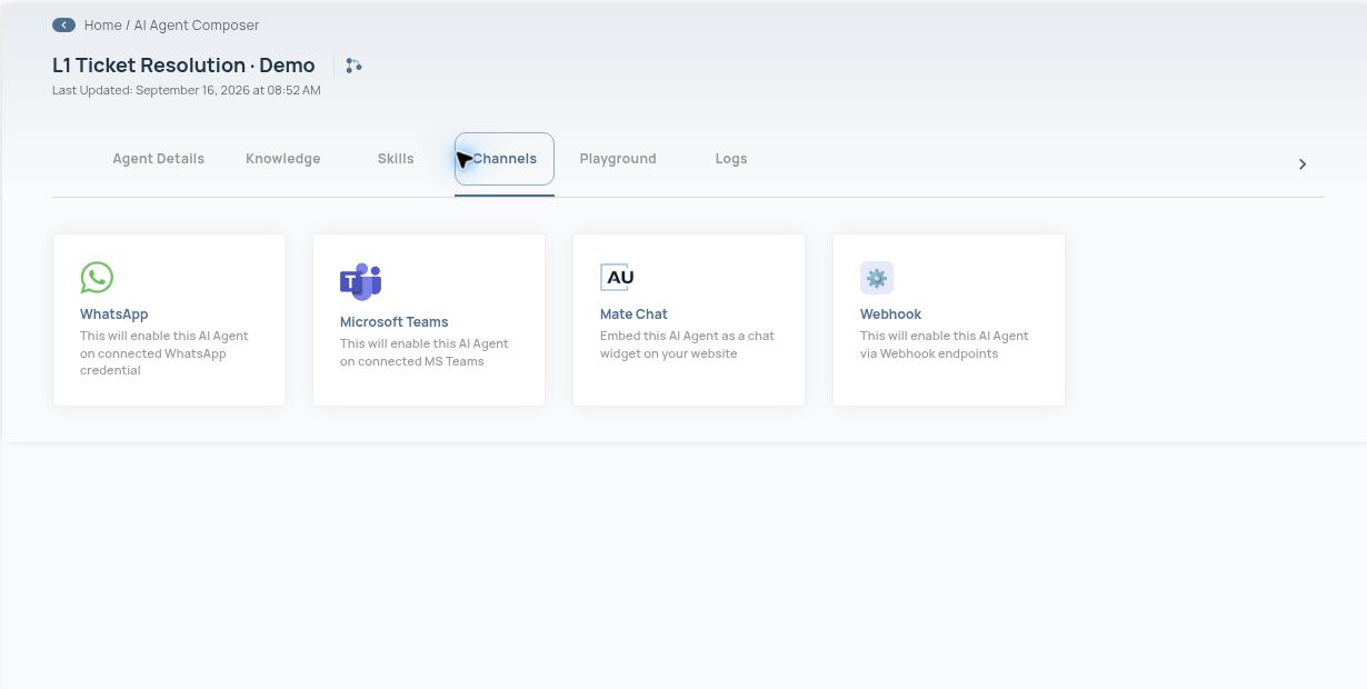 Channel options: WhatsApp, Microsoft Teams, Mate Chat and Webhook