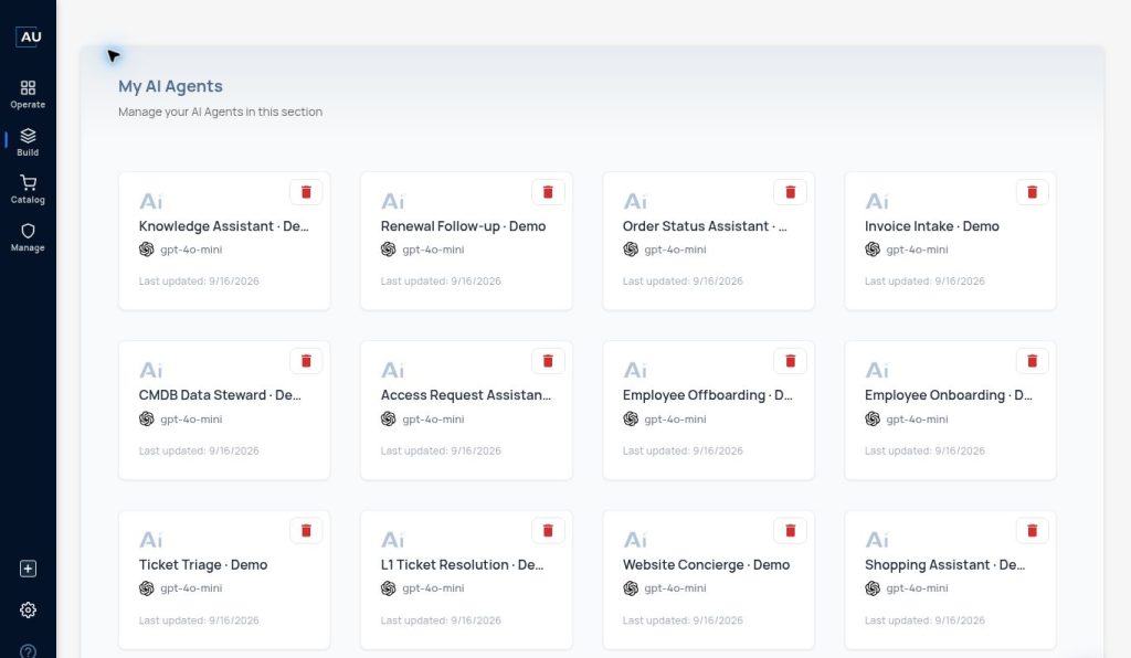 Autom Mate AI Agent Composer showing a collection of saved demo agent configurations for business use cases.