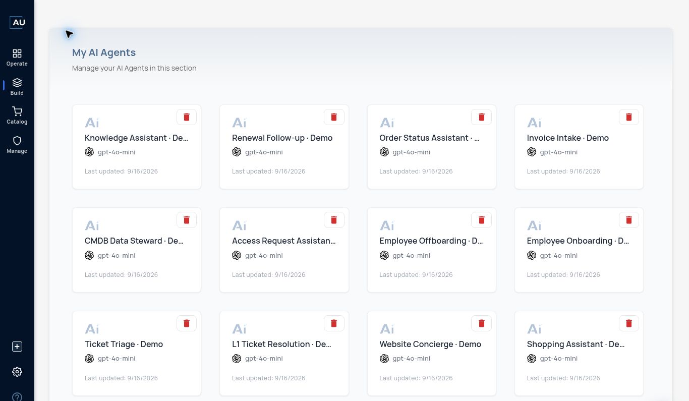Saved demo agent configurations in Autom Mate AI Agent Composer