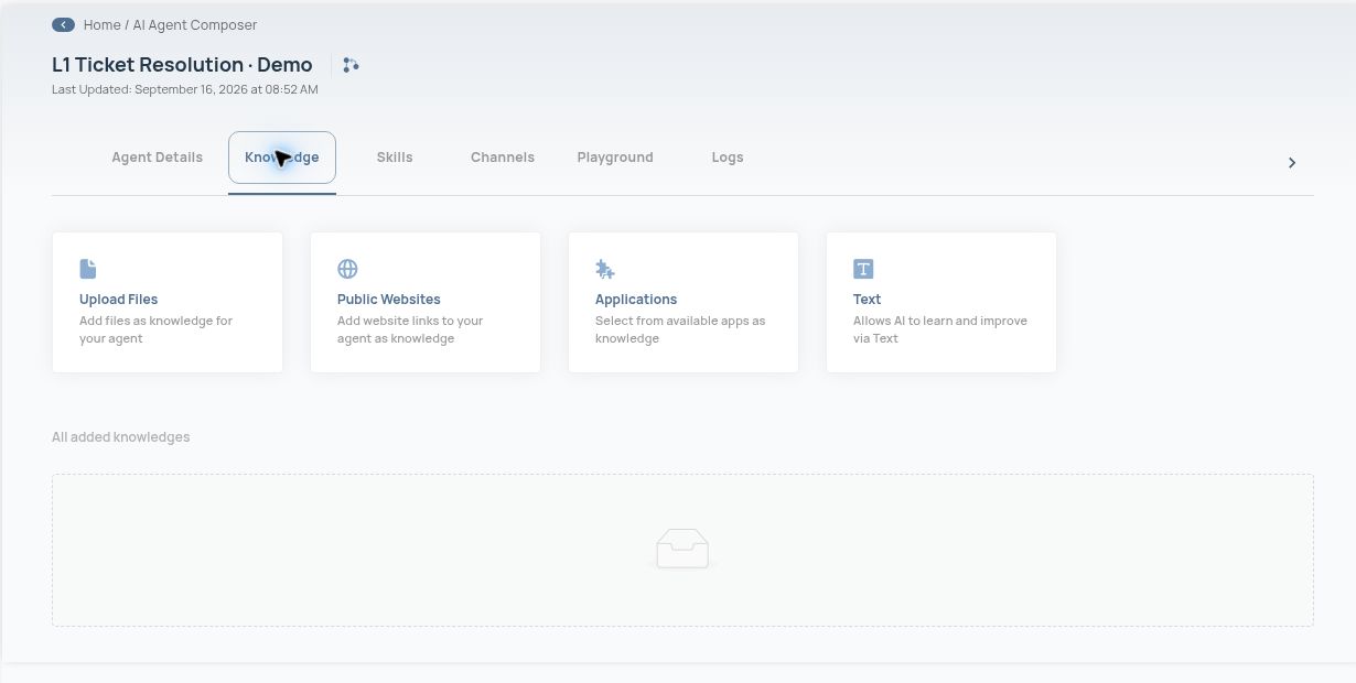 Knowledge options: files, public websites, applications and text