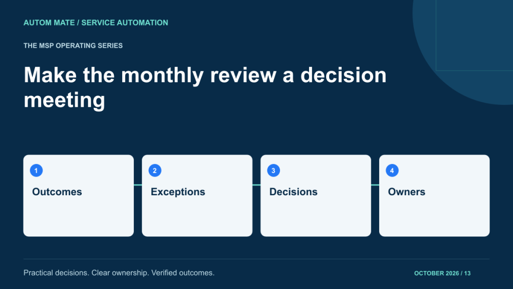 Four-stage service design checklist: Outcomes; Exceptions; Decisions; Owners.