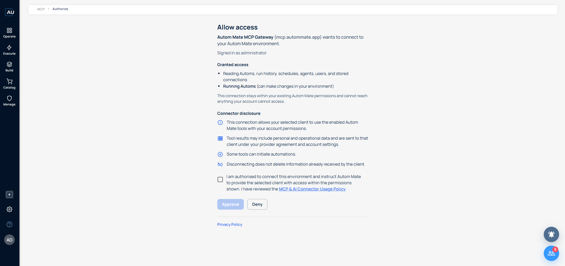 Actual Autom Mate MCP Gateway authorization screen, the workspace approval step after connecting an AI client