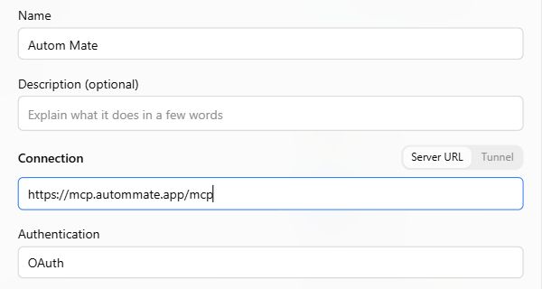 ChatGPT custom MCP server setup showing Autom Mate, https://mcp.autommate.app/mcp and OAuth